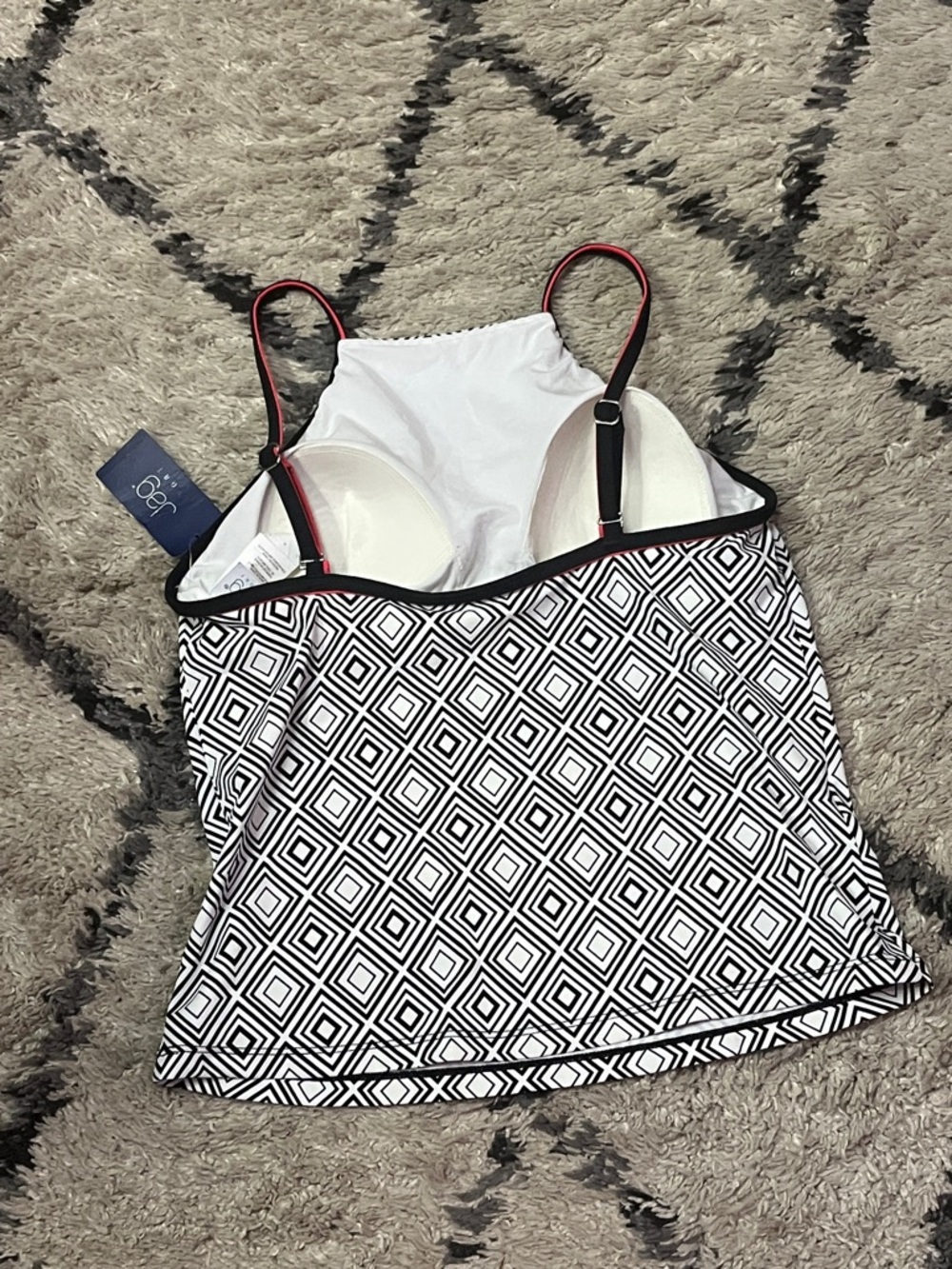 JAG Geo Print Spaghetti Strap Tank in Black & White with Red Trim (L) - Picture 3 of 7